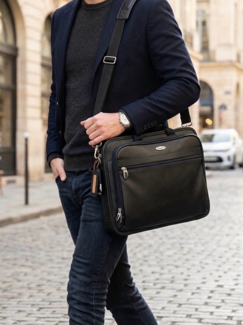 Targus Black Leather Laptop Briefcase with Shoulder Strap TLE300